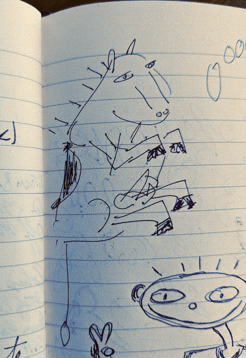 A crude doodle of a wide, almost cow-shaped, horse sitting upright with its tail dangling.