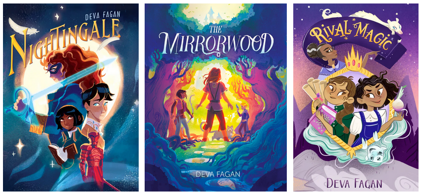 three book covers. L-R: Nightingale, showing a masked girl with red hair and a sword, a suit of red armor, a black-haired boy, and a girl with deep brown skin holding a book; The Mirrorwood, showing three children in fantasy garb with a cat inside a magical-looking forest; and Rival Magic, showing two girls holding books and scrolls, plus a mysterious-looking older woman.