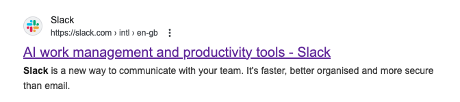 Screenshot of the Google search listing for Slack. The headline reads,