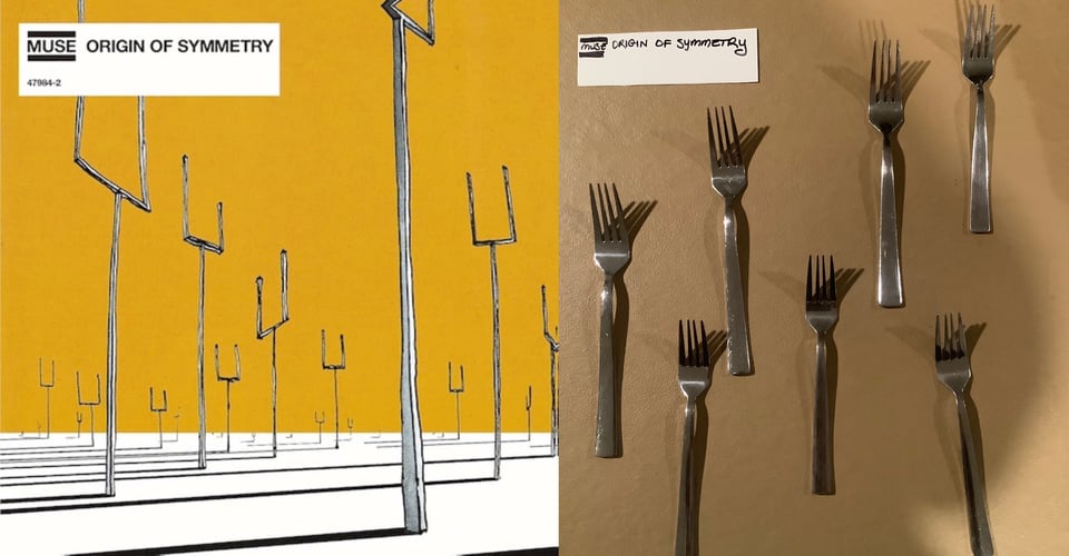 A pen and ink drawing of a plain white field with a whole bunch of giant tuning forks, standing like trees. The forks cast long thin black shadows towards the left. The sky is pure yellow-orange.