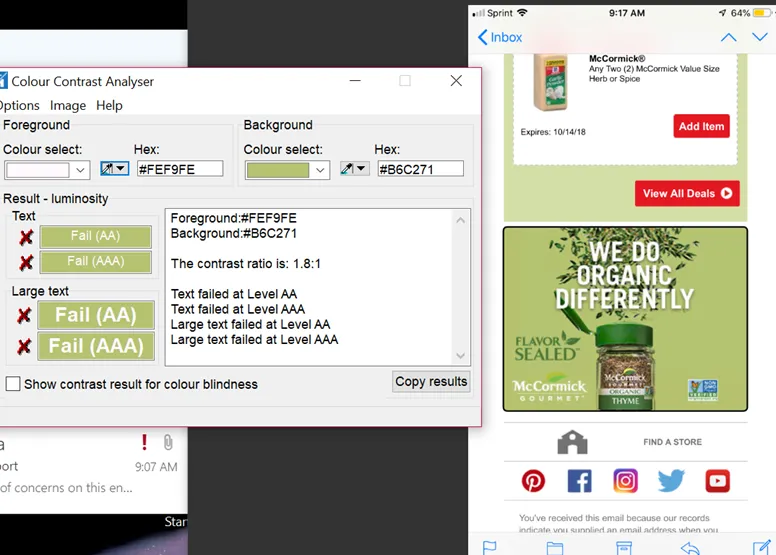 White text on light green background fails the WCAG color ratio minimums for all text sizes and compliance levels