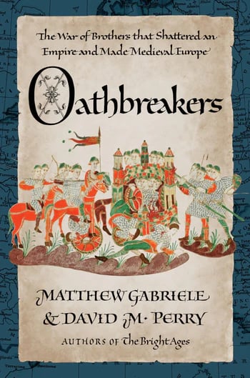 Oathbreakers cover. blue background with parchment center and 9th century illustration in the middle