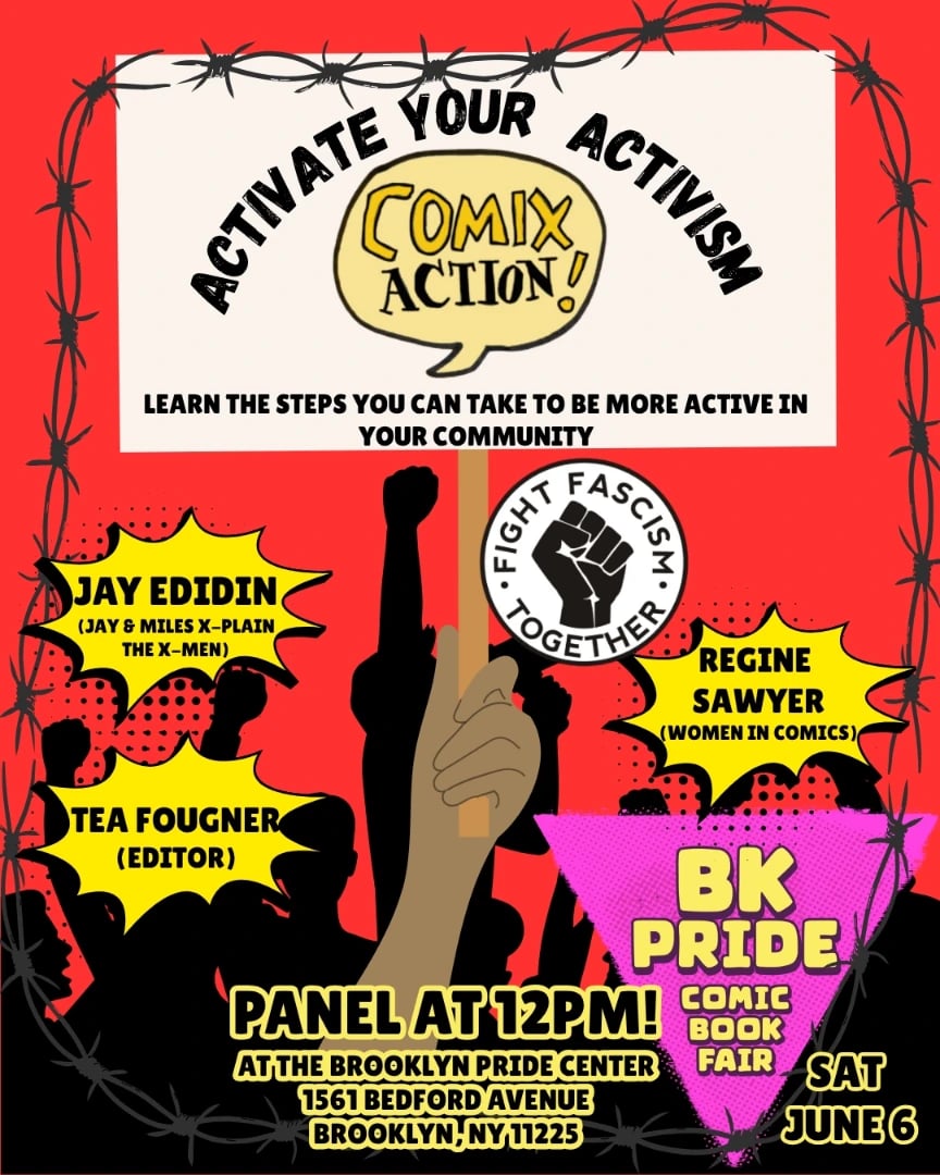 Comix Action at the A.I. Moratorium's Postcard Party on 6/3 and BK Pride Comic Book Fair on 6/6!