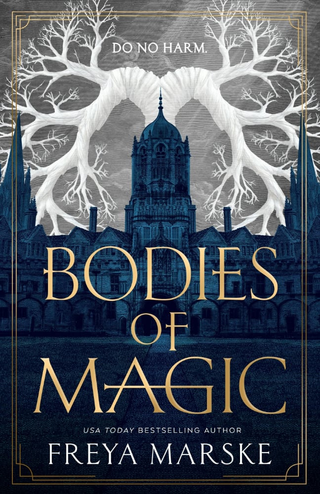 cover image for Bodies of Magic by Freya Marske. In the center of the cover, there's an imposing gothic castle in blue-black shadow. The sky behind the building the sky is gray and filled with a facsimile of an organ with veins branching out that look like lightning.