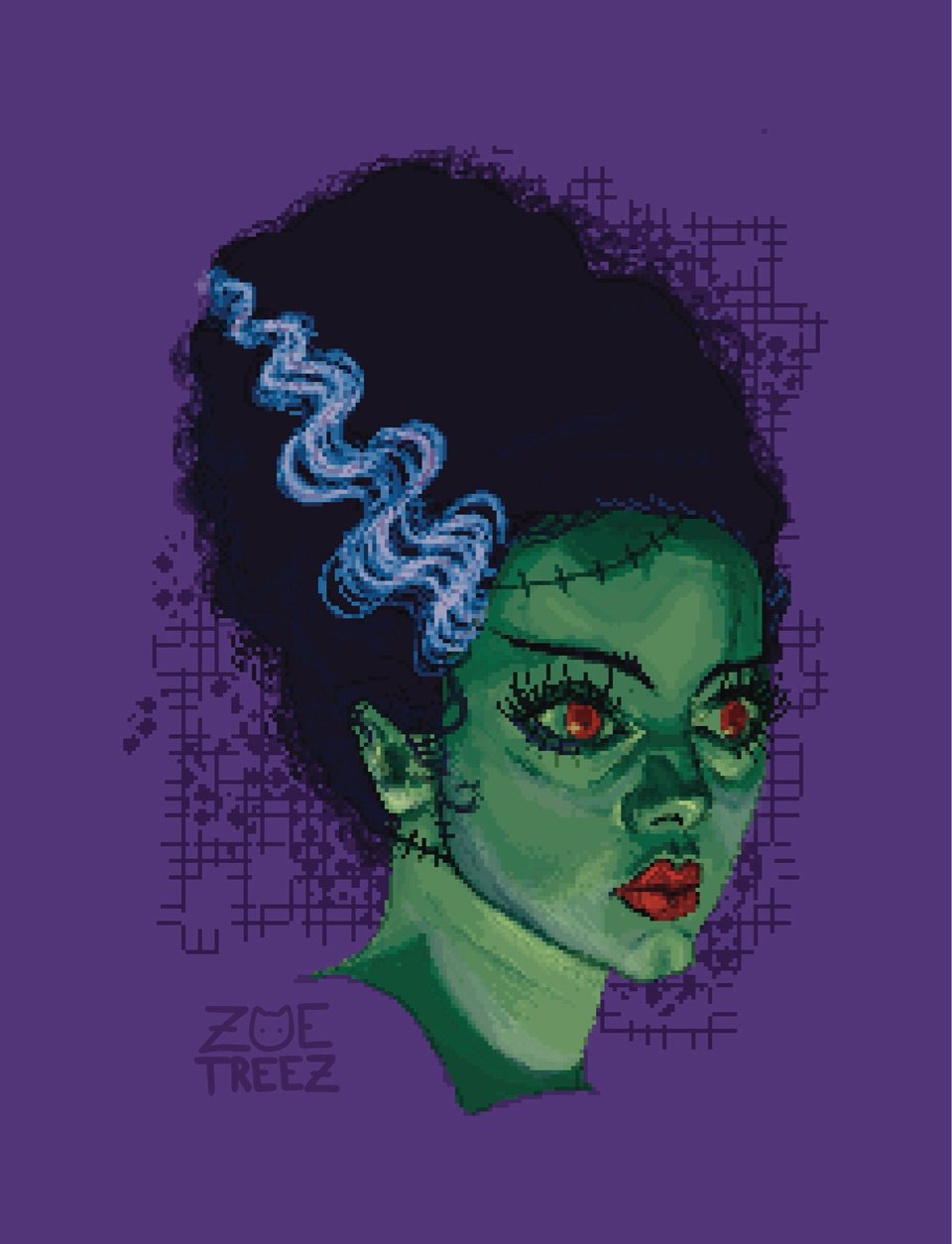A pixel art rendering of Frankenstein's Bride, a green-skinned woman with scars, red lips and eyes. Her bouffant has a white stripe running through it.