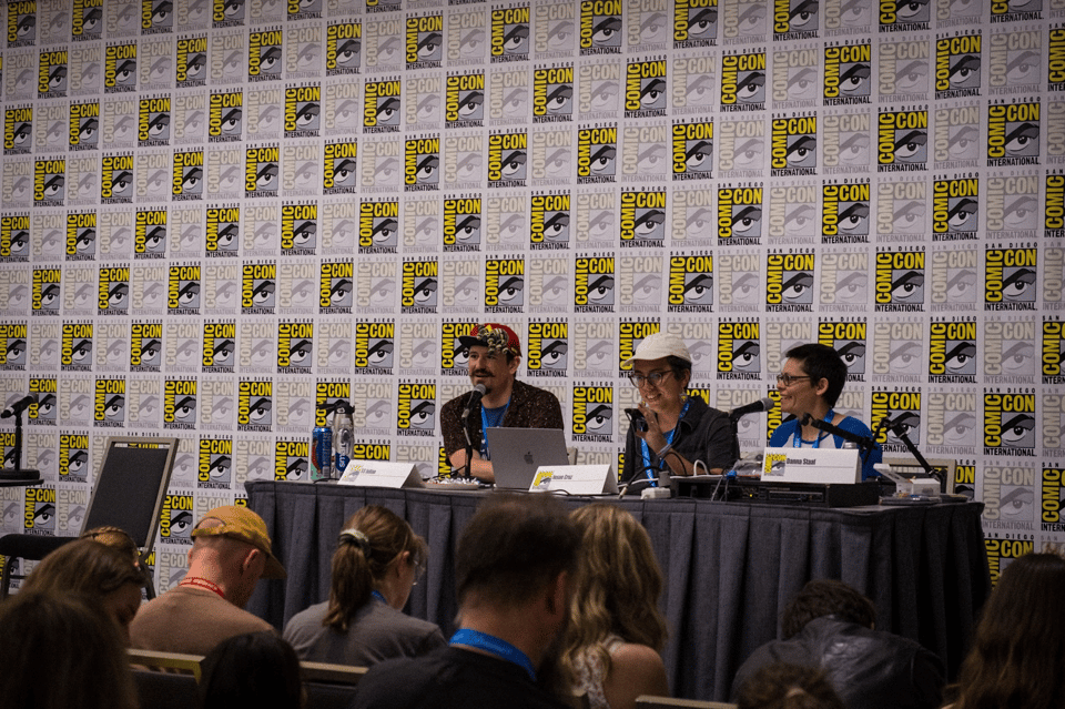 A photo of SS Julian, Josie Cruz and Danna Staaf on a panel at San Diego Comic-con 2025