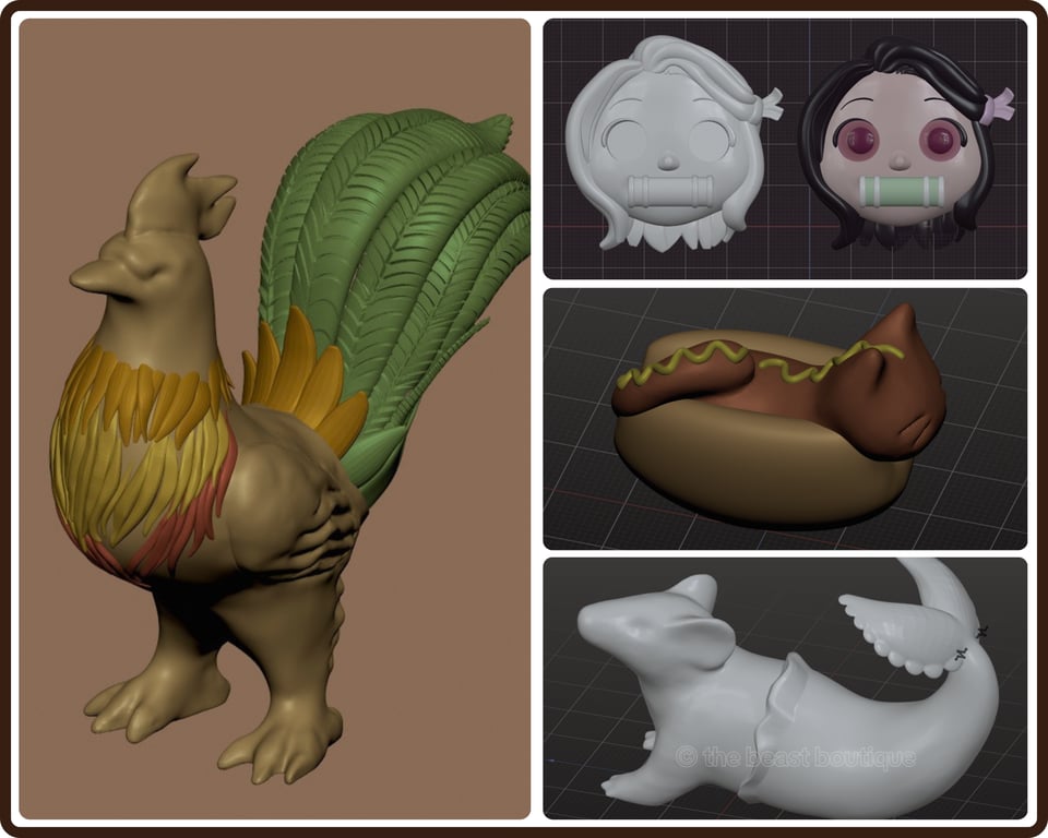 A photo collage showing four digitally sculpted projects.

First, a nomad sculpt workspace with a rooster figurine loaded into it. it has a tan body, with green modeled tail feathers, and newly sculpted feathers on its neck and chest.

Next, to the right, two sculpted chibi heads that resemble Nezuko from the manga/anime 'Demon Slayer,' with her hair tied to one side with a bow, delicate eyebrows, and her signature bamboo muzzle in her mouth. , one in greyscale, the other in color, giving her black hair, pink eyes and hairtie, and a green bamboo muzzle.

below the Nezuko chibis is a minimalistic cat loaded into it. the cat has been placed in a digitally sculpted hot dog bun, with mustard squeezes along its back. The cat, bun, and mustard are colored red, tan, and yellow, respectively.

below that, a rat figurine with a mermaid tail loaded into a digital sculpting program. The rat has a frill around its waist, and the tail fins have scalloped edges.

the shop name, the beast boutique, watermarks the images.