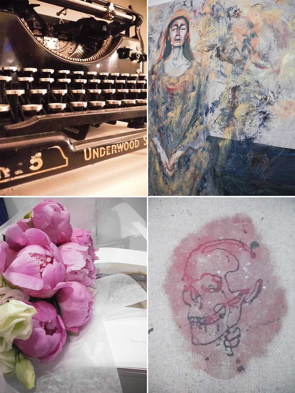 4 digital Instax images: top left, an Underwood manual typewriter; top right, a detail of a self-portrait by Celia Paul; lower left, a bouquet of pink flowers lying beside a book; lower right, a sidewalk painting-drawing of a skull with pink spray paint overlaying it