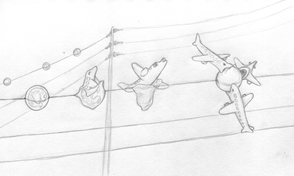 A pencil drawing of airplane eggs hatching on power lines. In the foreground, four balls are attached to a line. The first is a closed sphere with a faint outline of a baby plane inside. The second is torn open, with a baby plane emerging. The third is hanging empty, with the freshly hatched airplane perched on it. The fourth appears to be unfertilized, with three hatchling airplanes all around it, taking bites. In the background, a distant set of eggs can be seen on another set of power lines.