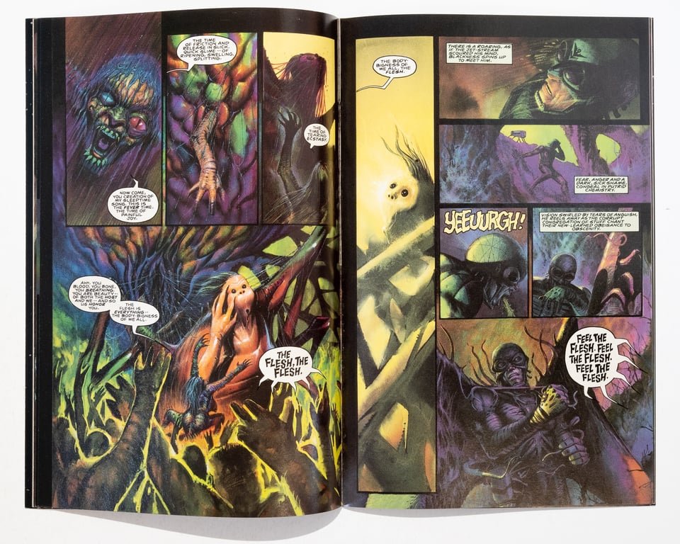a spread from issue one. Rumour is creating a creature while a crowd chants "the flesh, the flesh"
