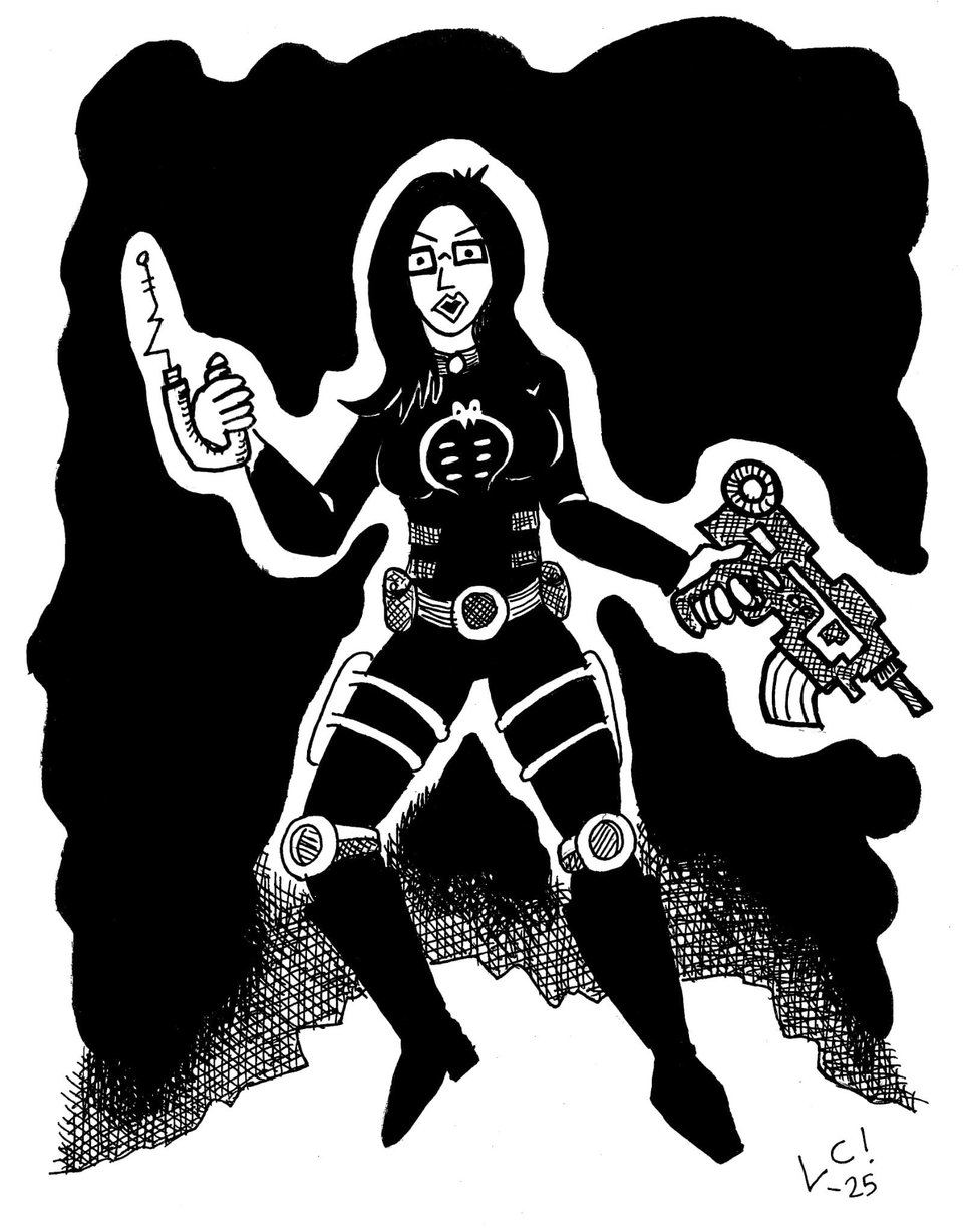 This is a black and white pen and ink drawing of the sexy villain The Baroness from the 80s toyline/comic book series/cartoon GI Joe.