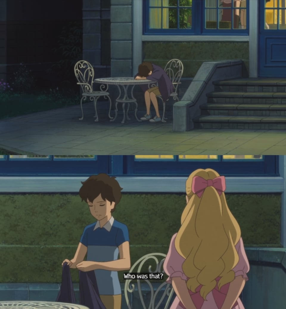 A collage of screencaps. In the first, Anna sits face down at a table outside. In the second, Marnie has joined her. "Who was that?" Anna asks, referring to the boy Marnie was just dancing with.
