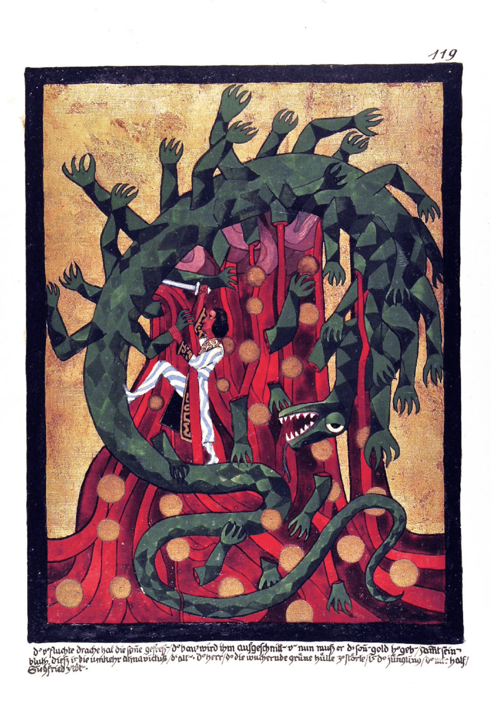 A somewhat abstracted, ornate dragon curled around a starburst.