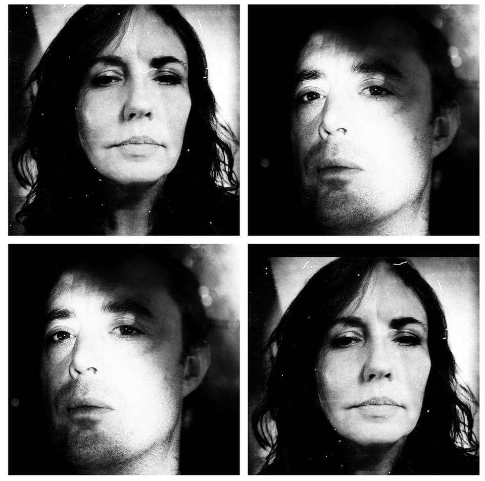 A black-and-white photo booth-style four-picture grid featuring a woman with long dark hair at the top left and bottom right, and whose face is partly in shadow at top right and bottom left.