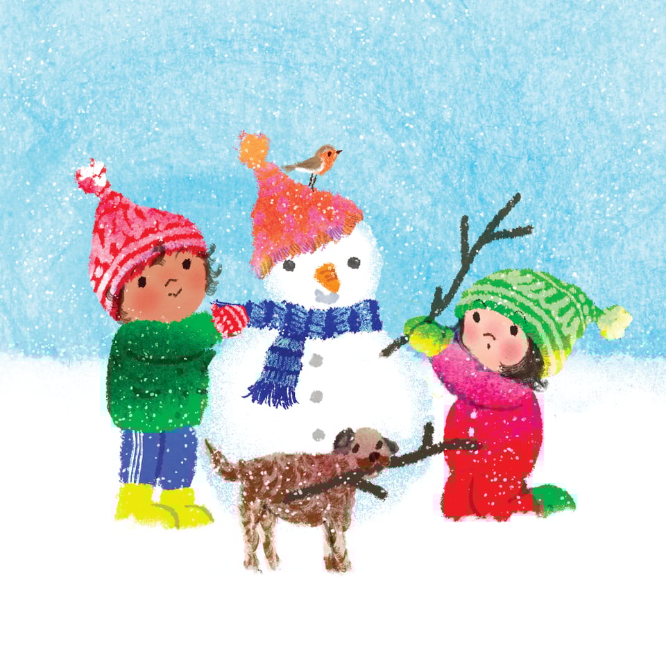 An illustration by Kip Alizadeh of two children carefully building a snowman. Their dog is holding a stick for one of the snowman's arms. The snowman is wearing a bright woolly hat and a robin stands on his head.
