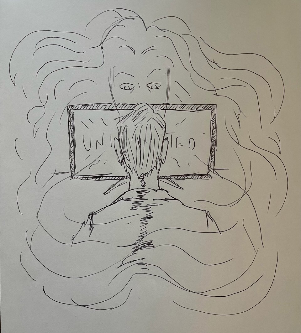 A rough sketch. The back of a man's head. On the TV screen in front of him is the title The Uninvited. A ghostly woman's face stares down and her ephemeral hair wraps around everything
