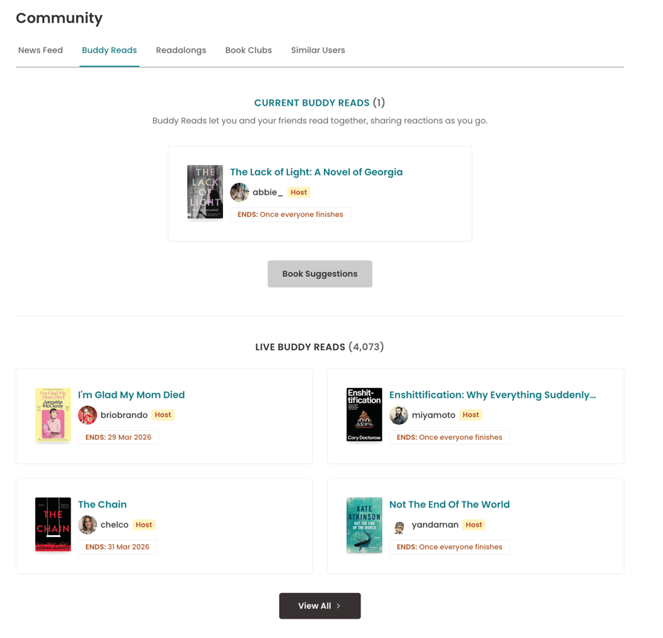 Buddy Reads page showing “Current Buddy Reads (1)” featuring The Lack of Light: A Novel of Georgia, hosted by abbie_, and a section below listing live buddy reads with host badges and end dates.
