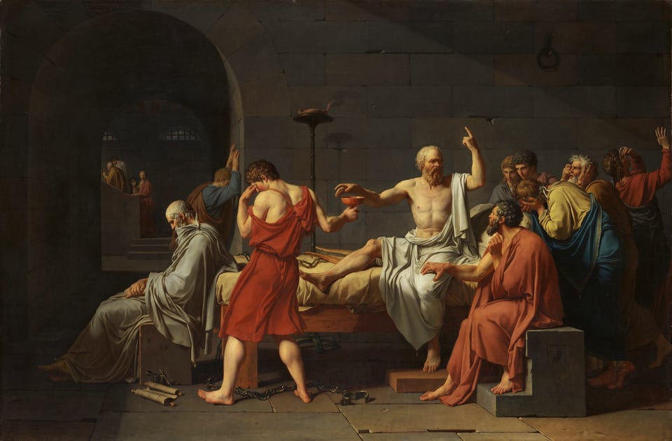 A painting of Socrates about to drink the hemlock, as his disciples look away in dismay