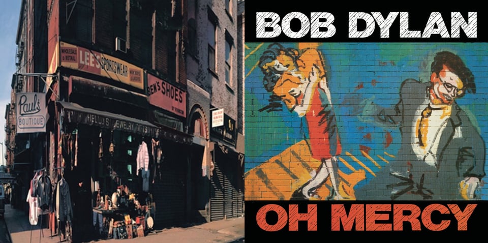 First pic: A photograph of a street corner in New York. There is a store called Paul's Boutique on the corner, as indicated by the sign that hangs over the sidewalk to the left. Above the store is a tall brick edifice, presumably apartments. On the sidewalk are clothes hanging from awning as a display, as well as a table with all sorts of objects on it, but difficult to identify any one object. There are two additional signs on the building, just below the brick edifice: "Lee's Sportswear" and "Ben's Shoes.”  Second pic: A photograph of a painting/mural on a brick wall. On the left is a white woman with dark hair, a kind of 40s hairstyle, in a yellow blouse and red skirt. The woman has her right arm across her chest, pointing to her left shoulder. On the right is a man in a grey suit, white shirt and yellow tie. His hair is dark, and a bit long on top, kind of New Wavey. He wears glasses and his head is turned away from the woman. Are they dancing? Is he rejecting her? (The woman has a vaguely forlorn expression on her face.) It's ambiguous.