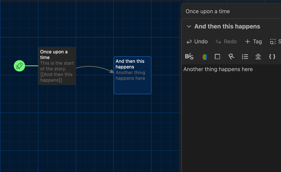 Screenshot from the editor for Twine. It shows the starting point of a story linked to a block titled "Once upon a time". This block links to a second block titled, "And then this happens". An editor pane is open on the right side of the image, showing controls for editing the "And then this happens" block.
