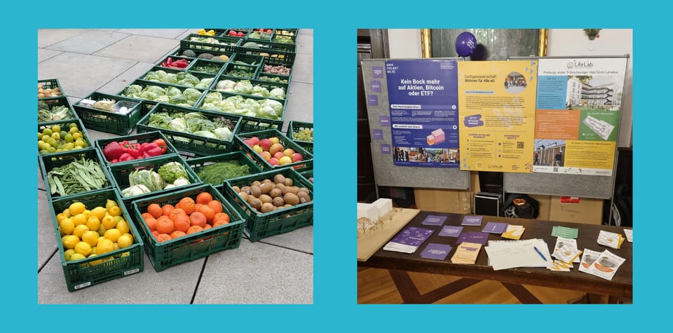 Zwei Fotos von Veranstaltungen der letzten MOnate: gerettetes Obst und Gemüse auf dem Platz der alten Synagige, Infotisch im historischen Kaufhaus