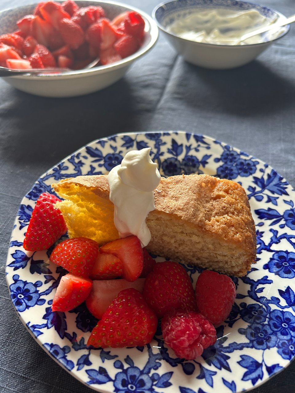A slice of plain golden sponge cake sits on a blue and white patterned plate. There's a cascade of cream toppling off the cake and a tumble of gleaming strawberries and raspberries. Image by Rowan Ambrose.