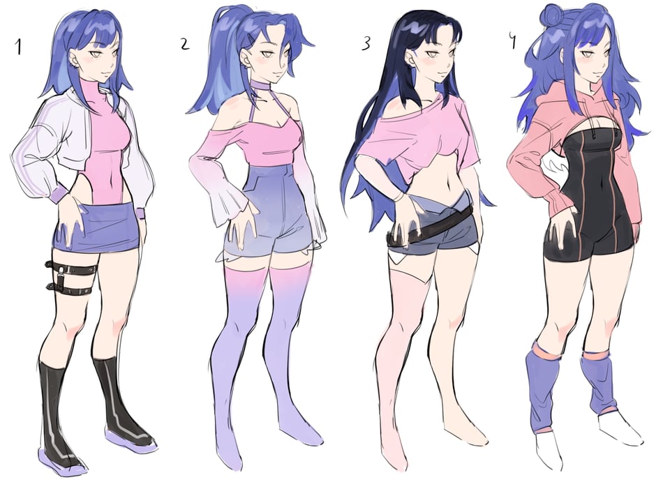four more sketches of sasha with different hair and outfits