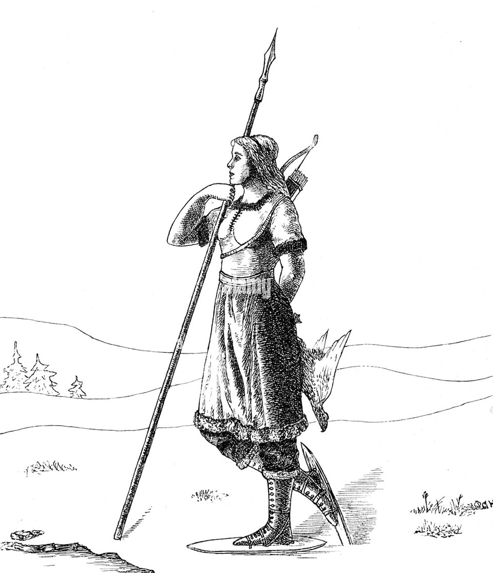 A gravure print of the giantess Skadi, posing on short skis and holding a long spear in one hand, a pheasant in the other.