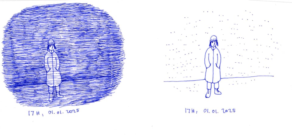 Diary comics, 2 panels. Panel 1: Julia is standing outside in the dark. Caption: 17h, 01.01.2025. Panel 2: Julia is standing in daylight. Caption: 17h, 01.02.2025