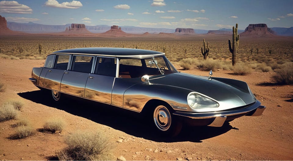 An image of a long european-styled car from the 60s. It has a long curved and flat hood, and a very long body -- like a "stretch" limosine, except a sports car. It is shiny chrome. There are three sets of doors on each side. It is parked on a dusty road in what appears to be the American desert, with cactuses and buttes behind it.