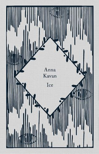 A minimalist black-and-white book cover for Ice by Anna Kavan. A thin black rectangular border encloses a field of dense, irregular vertical black lines, like icicles, dripping ink, rain, or a frozen forest seen in silhouette.
At the centre is a large white diamond-shaped panel, tilted like a square standing on one corner. Small dark leaf- or shard-like marks appear around parts of its edge. In the middle, in small black serif type, are the words:
Anna
Kavan
Ice
The overall effect is stark, cold and unsettling, with the sharp white central shape seeming trapped or surrounded by encroaching darkness.