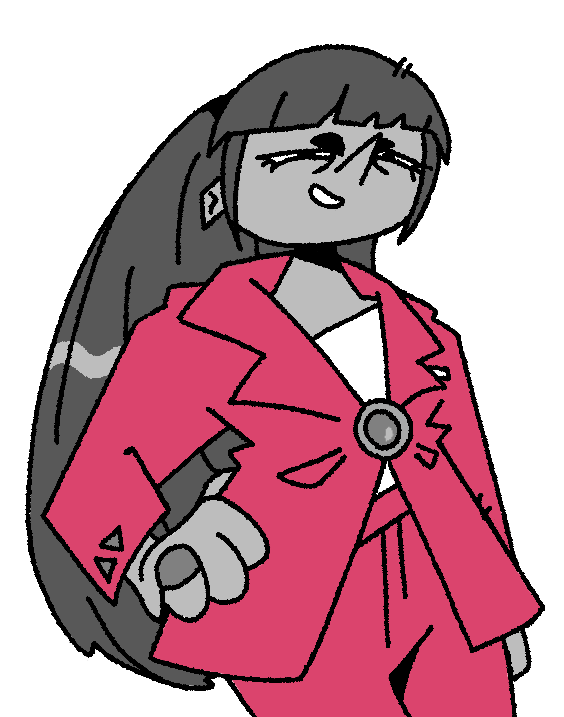 A character portrait of Raelyn. Her eyes are narrowed and she wears a thin smile on her face.