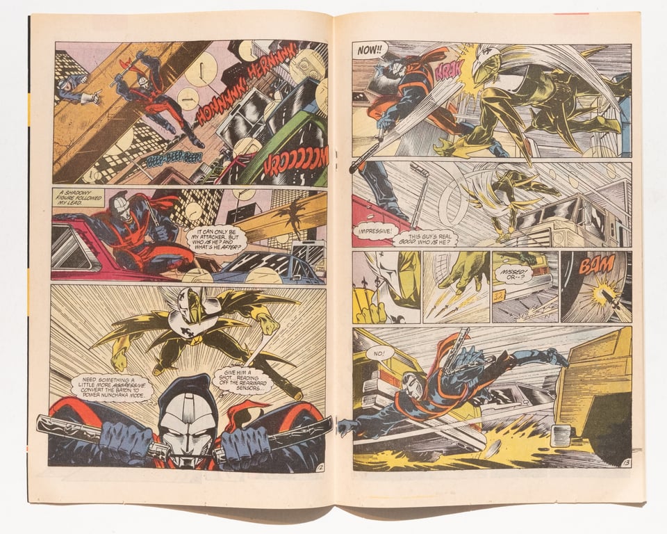 spread from Manhunter showing the character fighting Dumas in traffic