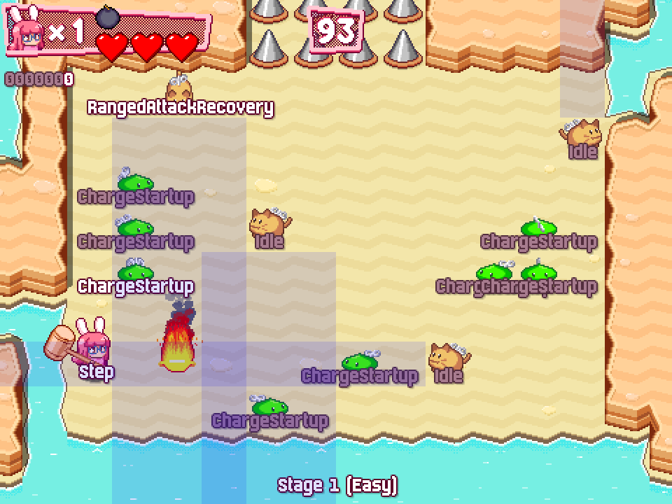 Lots of enemy slimes and cats, with debug text showing that only two of them are active
