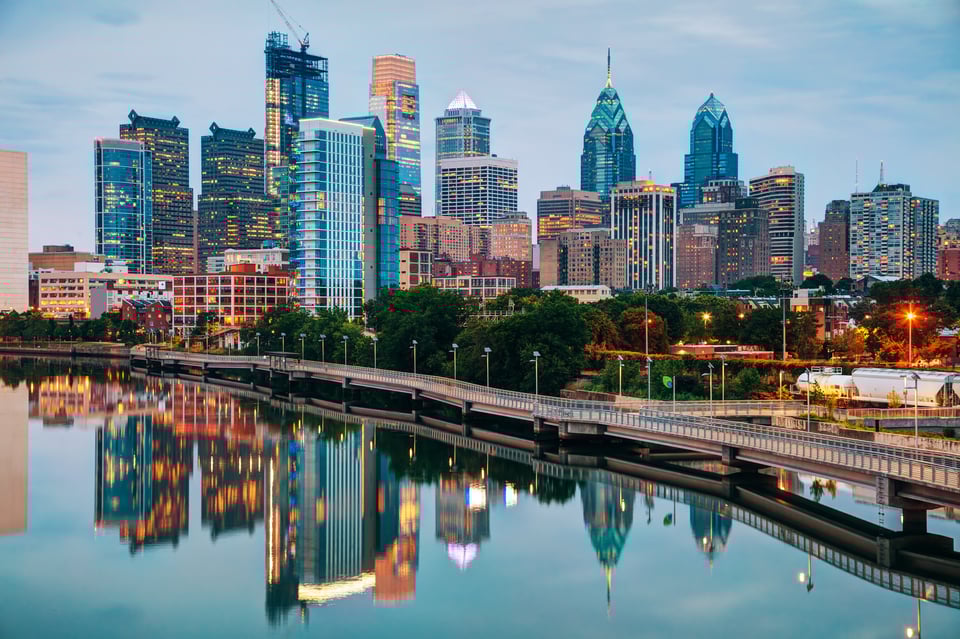 Philadelphia skyline at night.