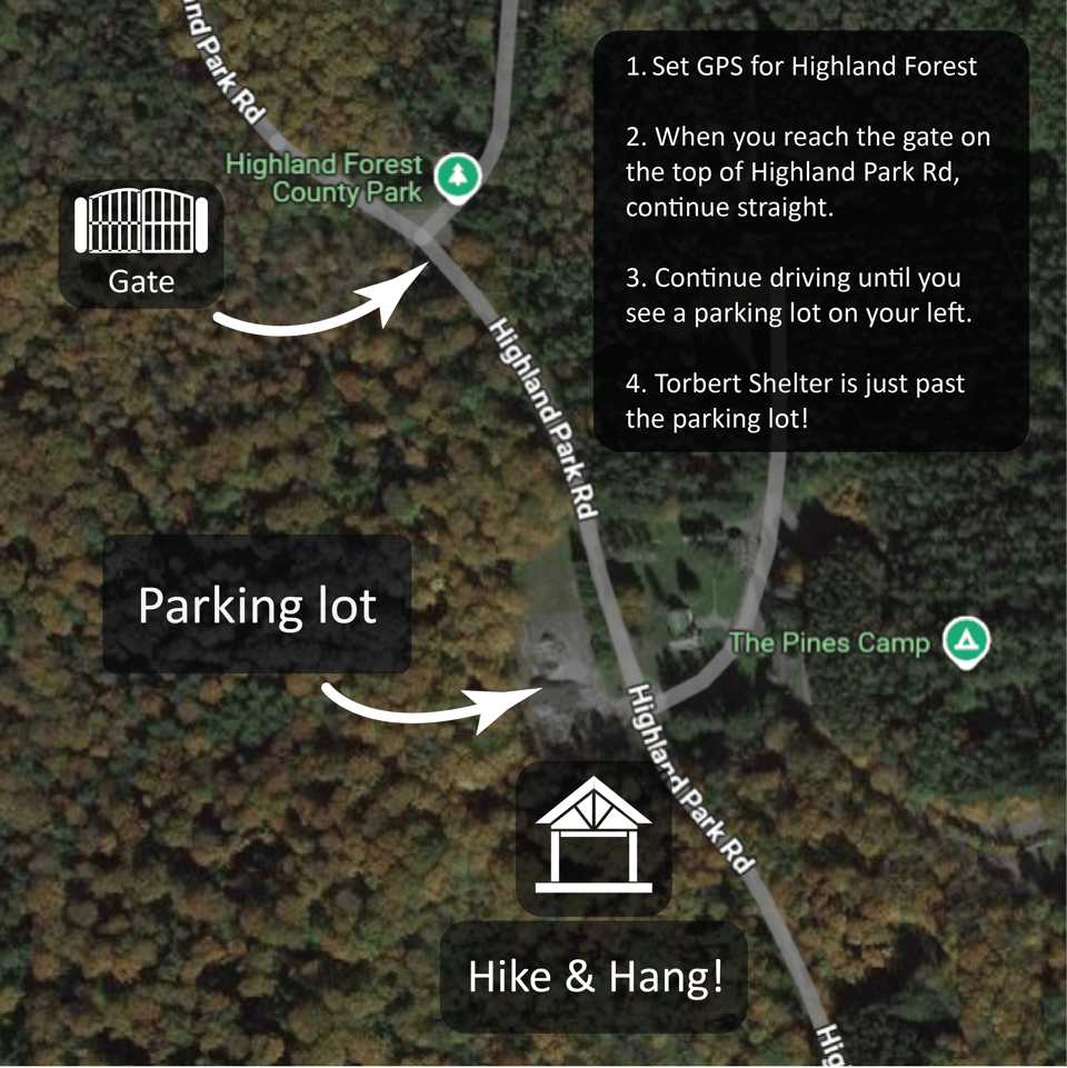 1. Set GPS for Highland Forest 2. When you reach the gate on the top of Highland Park Rd, continue straight. 3. Continue driving until you see a parking lot on your left. Highland Park Rd 4. Torbert Shelter is just past the parking lot!