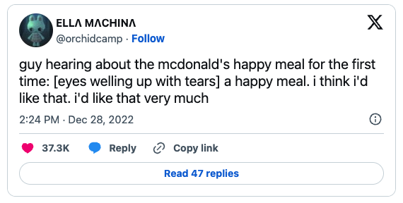 guy hearing about the mcdonald's happy meal for the first time: [eyes welling up with tears] a happy meal. i think i'd like that. i'd like that very much