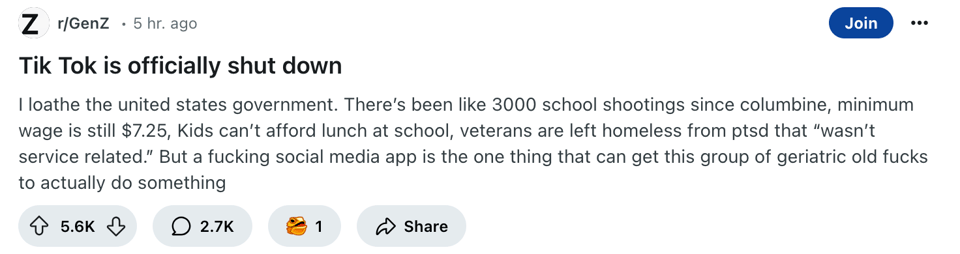 A Reddit user criticizing Congressional inaction on gun violence and wages but banning TikTok.