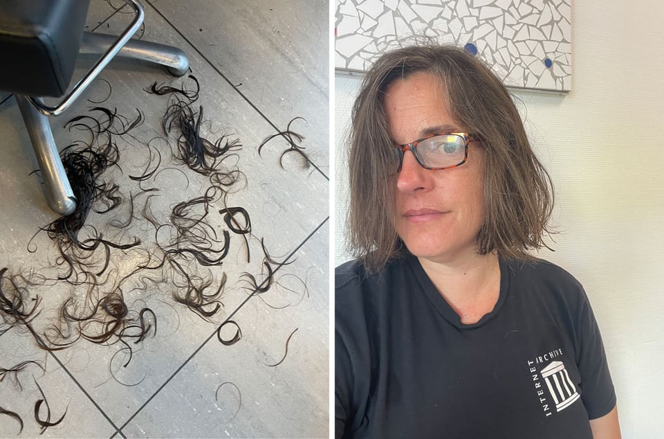 Two photos side by side. Left photo shows cut hair on the floor behind a chair. The right photo shows a woman with a bob haircut.