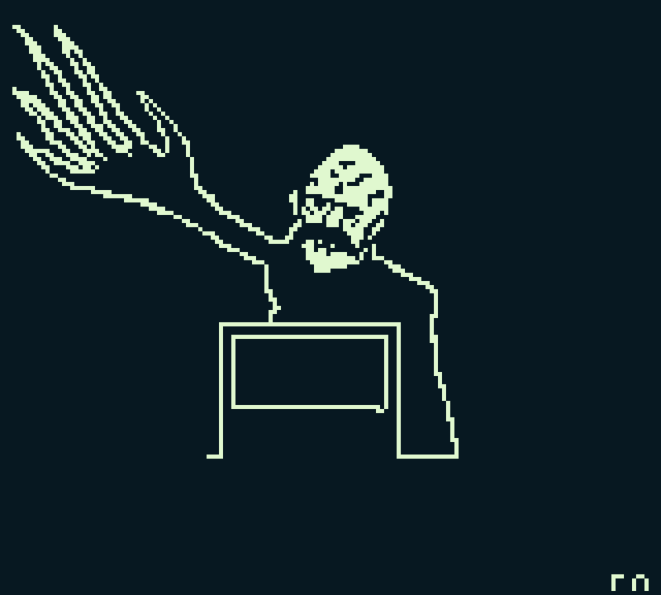 A 1-bit pixel art rendition of Count Orlok recreating the infamous Elon Musk Nazi salute. His outstretched hand is exaggerated and distorted in size like the shadow that stretches across the city in a scene from the film.