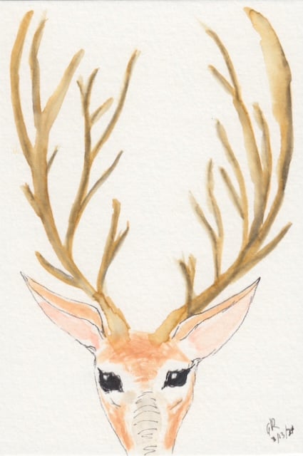 watercolor postcard of a deer with an exaggerated set of horns