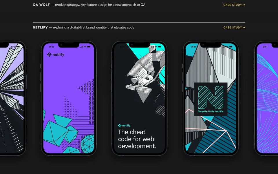 The work section with several mobile screens of a design project