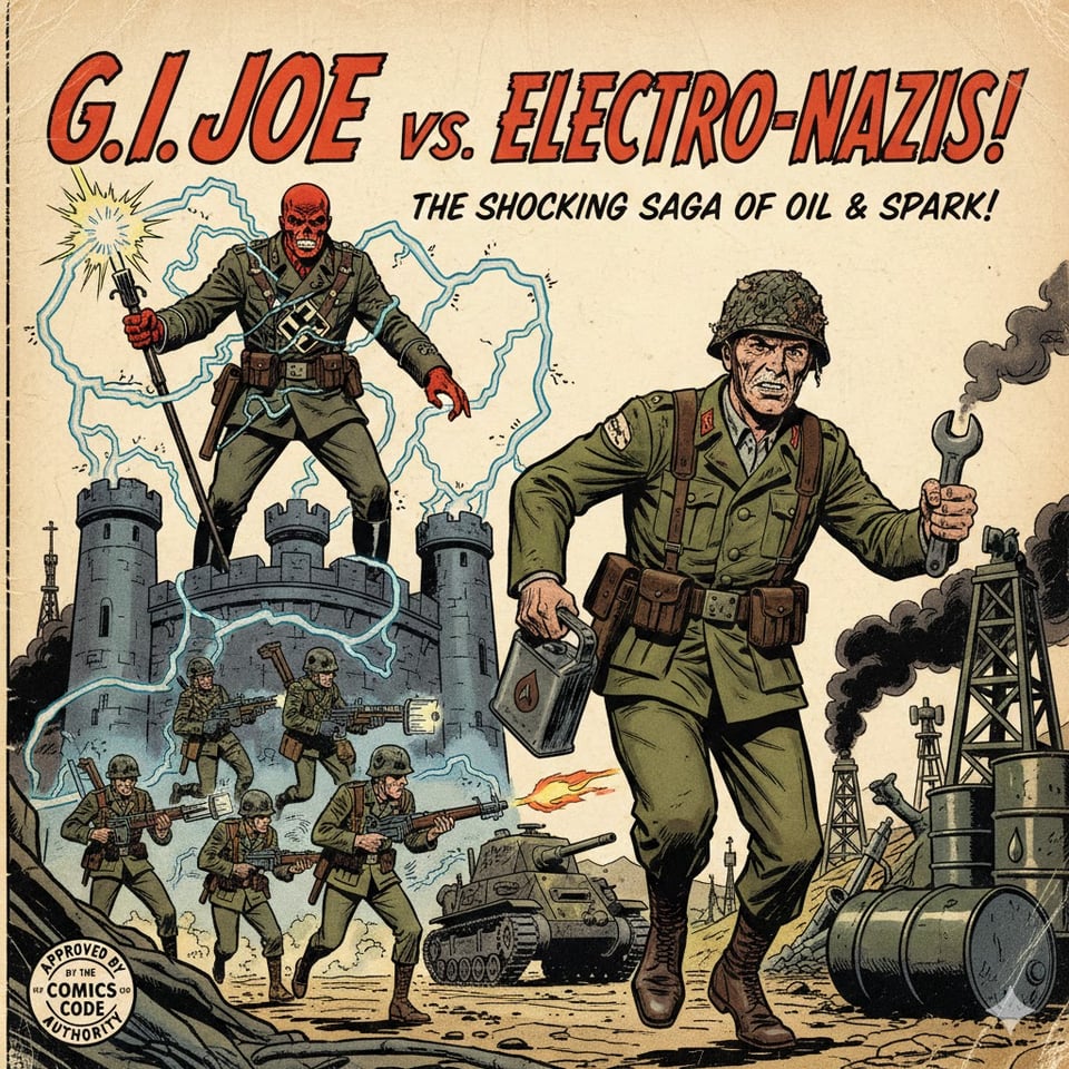 google LLM generated image: "in the style of the red skull / gi Joe, can you draw for me the cover of a comic book from the 1940s showing the nazis with electricity while old Gi Joe only has gas / oil?"