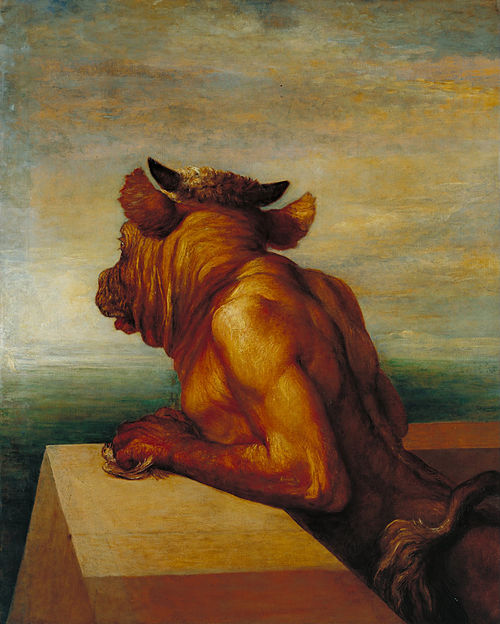 George Frederic Watts THE MINOTAUR, 1885. An oil painting depicting Asterion, otherwise known as the Minotaur, gazing out over the sea, waiting for ships to come. There are no ships present and Asterion is viewed over his shoulder. He looks plaintive and human, no longer monstrous, waiting in the freshness of air.