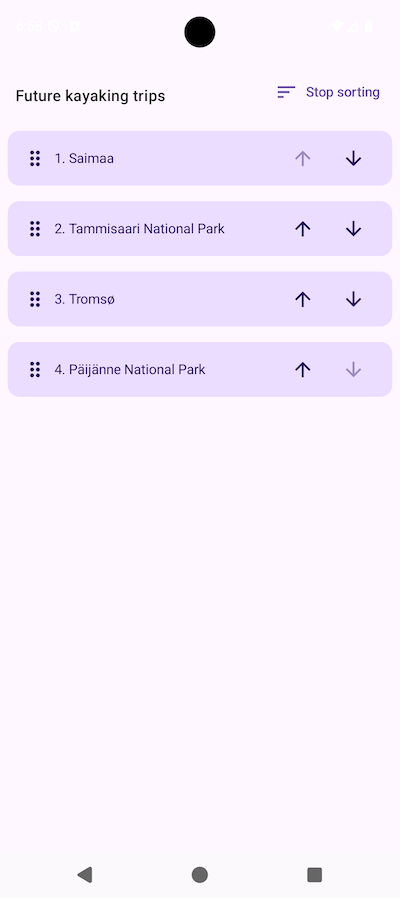 The same screen as previously with "Future kayaking trips", and now it has a button next to title saying "Stop sorting."