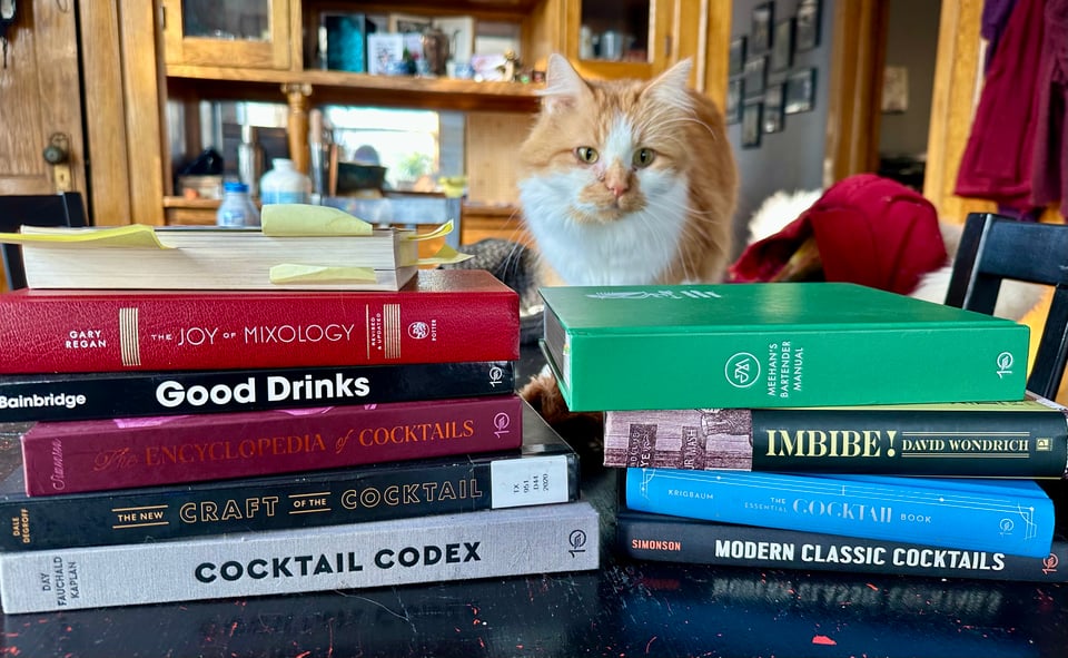 Toki the cat standing behind a stack of books about cocktails