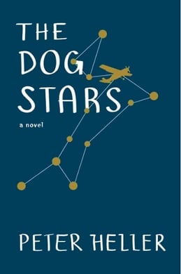 Book cover of The Dog Stars by Peter Heller. This has a dark blue background and shows a constellation and small plan in a night sky.