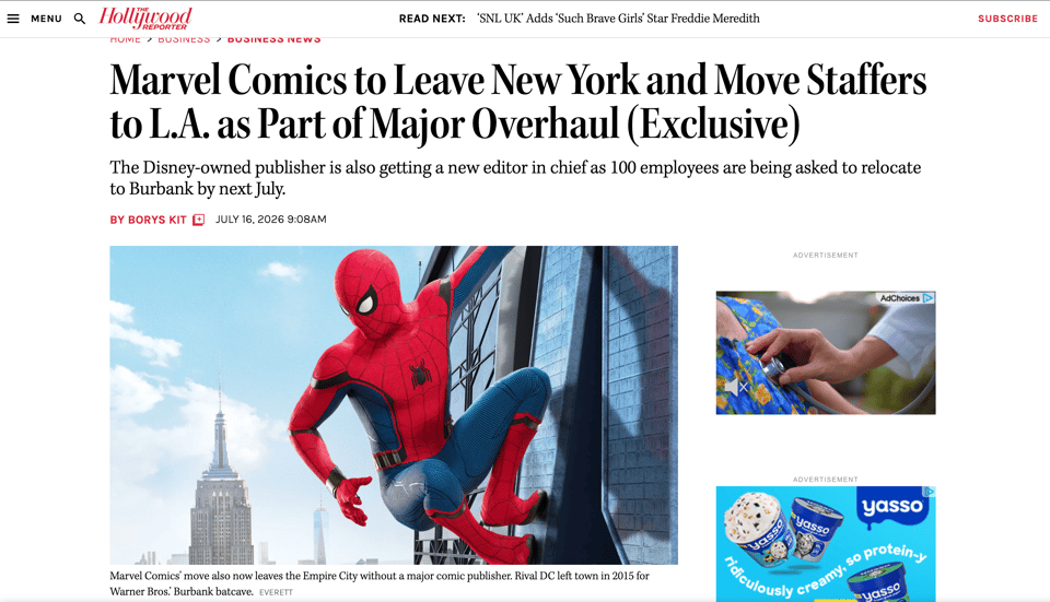 a screenshot from the Hollywood Reporter with the headline "Marvel Comics to Leave New York and Move Staffers to L.A. as Part of Major Overhaul (Exclusive)" and a subheadline: "The Disney-owned publisher is also getting a new editor in chief as 100 employees are being asked to relocate to Burbank by next July." There's a photo of the Tom Holland Spider-Man clinging to a building from one of the movies