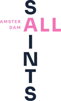 the words All Saints Amsterdam in black and pink letters, forming a cross