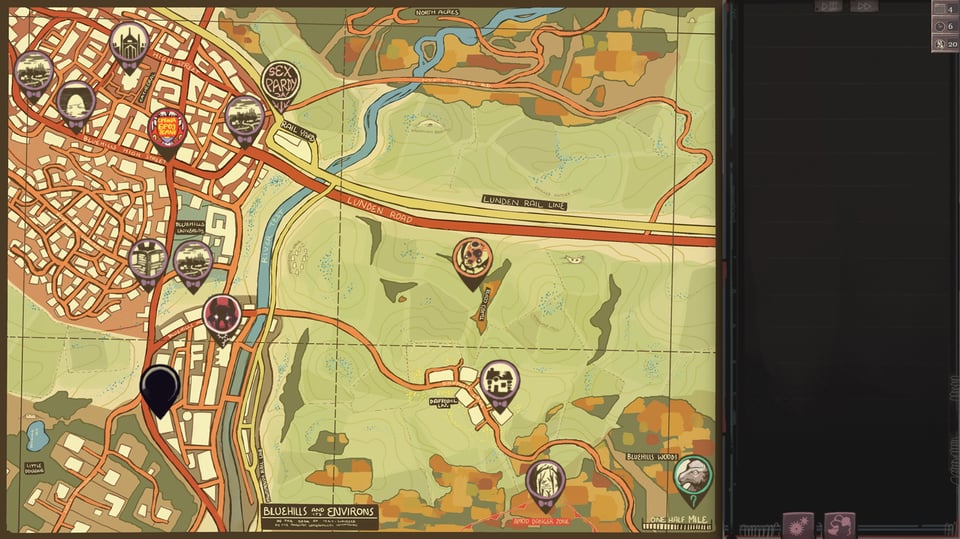 Lovely Lady RPG screenshot showing the map screen displaying a town m ap with various icons for activities to do